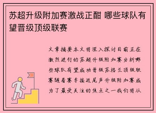 苏超升级附加赛激战正酣 哪些球队有望晋级顶级联赛