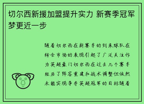 切尔西新援加盟提升实力 新赛季冠军梦更近一步